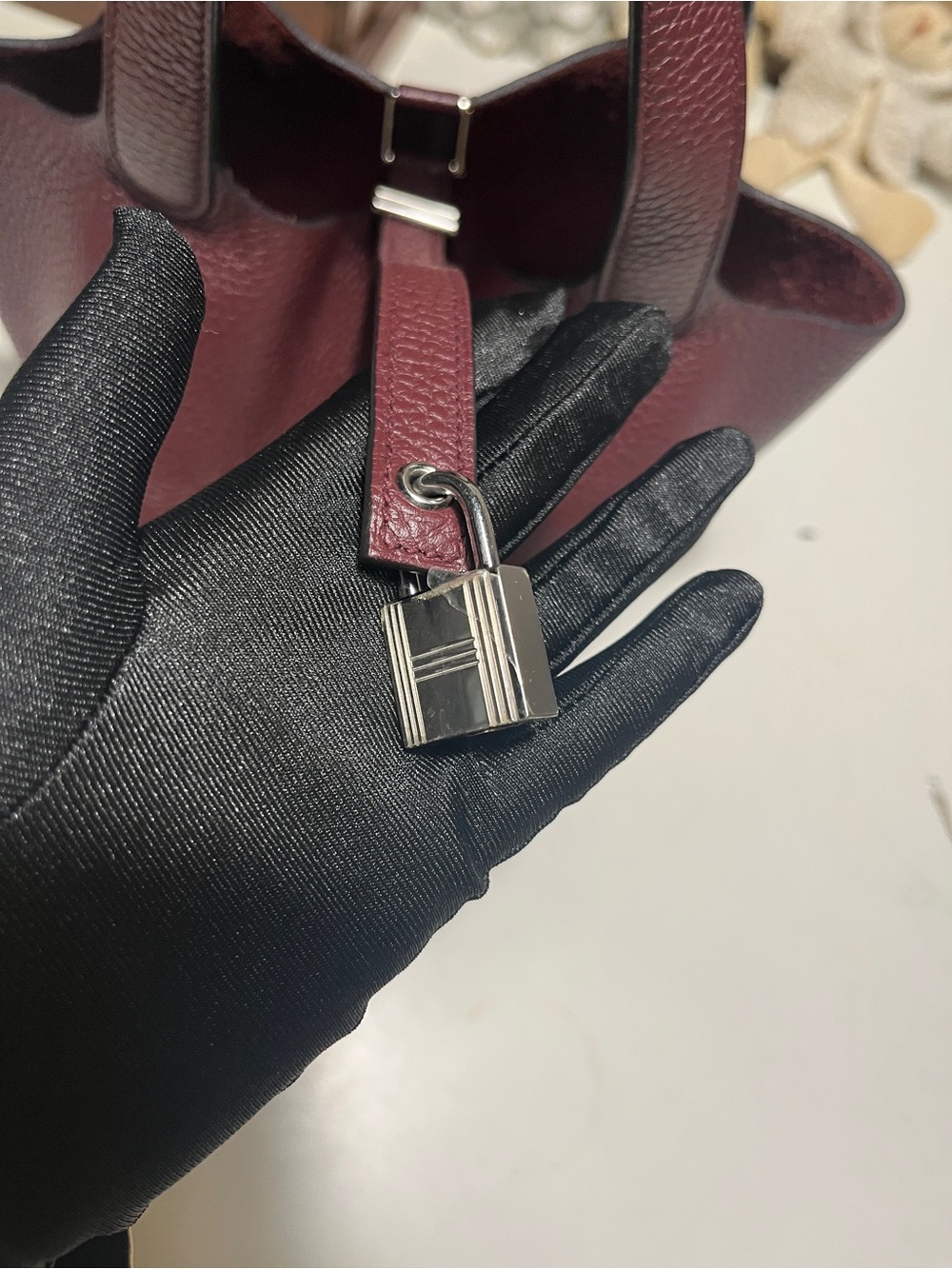 Hermes Bordeaux Togo Leather Bucket Tote with Silver-Tone Padlock - Picture 5 of 16